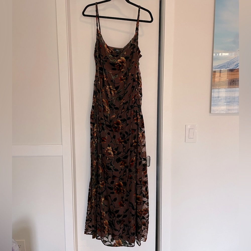 Lulus Gown Spaghetti Strap Gold Brown Floral Large